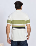 White & Olive Green Striped Polo T-Shirt