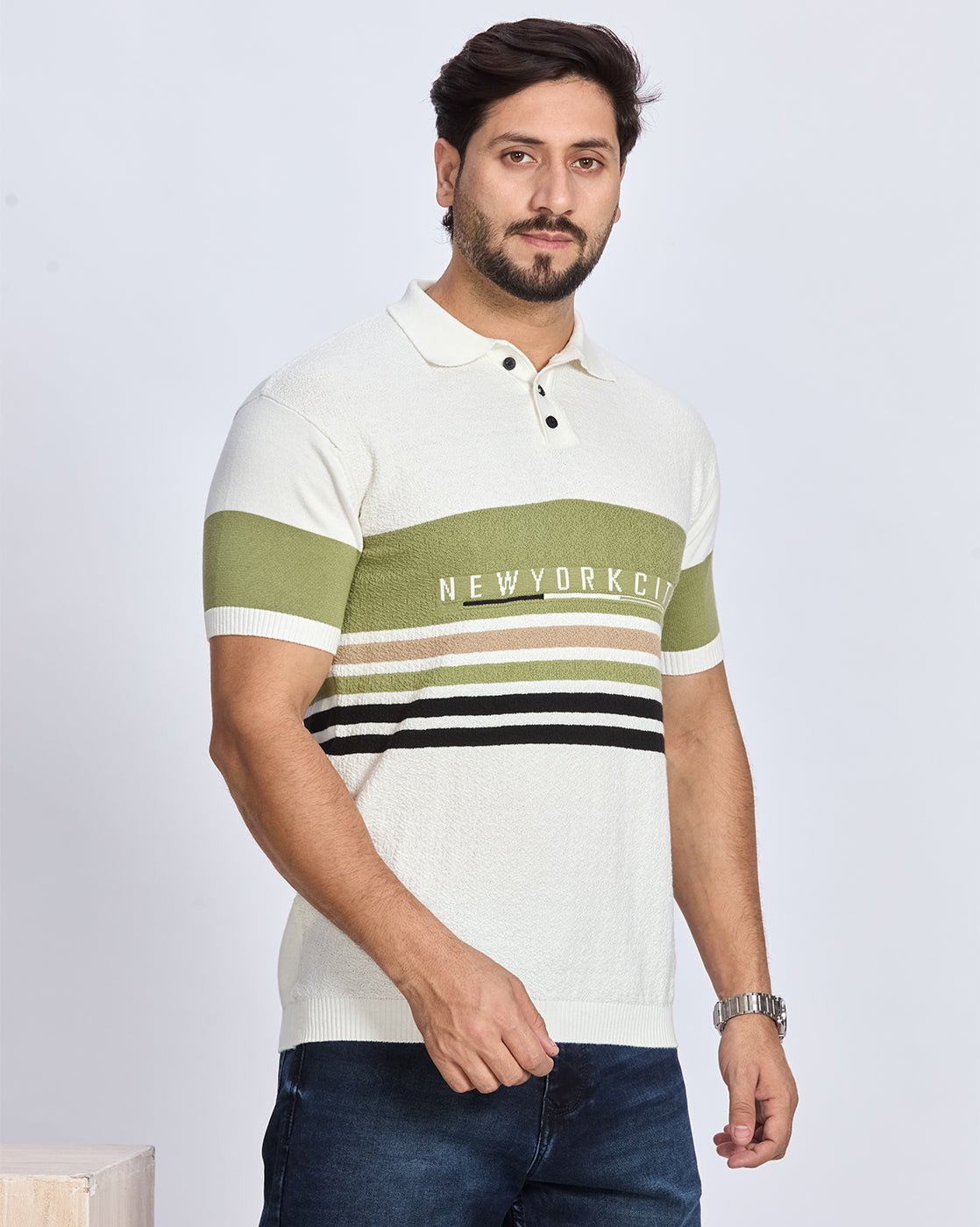 White & Olive Green Striped Polo T-Shirt