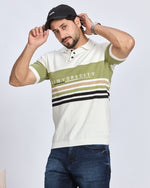 White & Olive Green Striped Polo T-Shirt