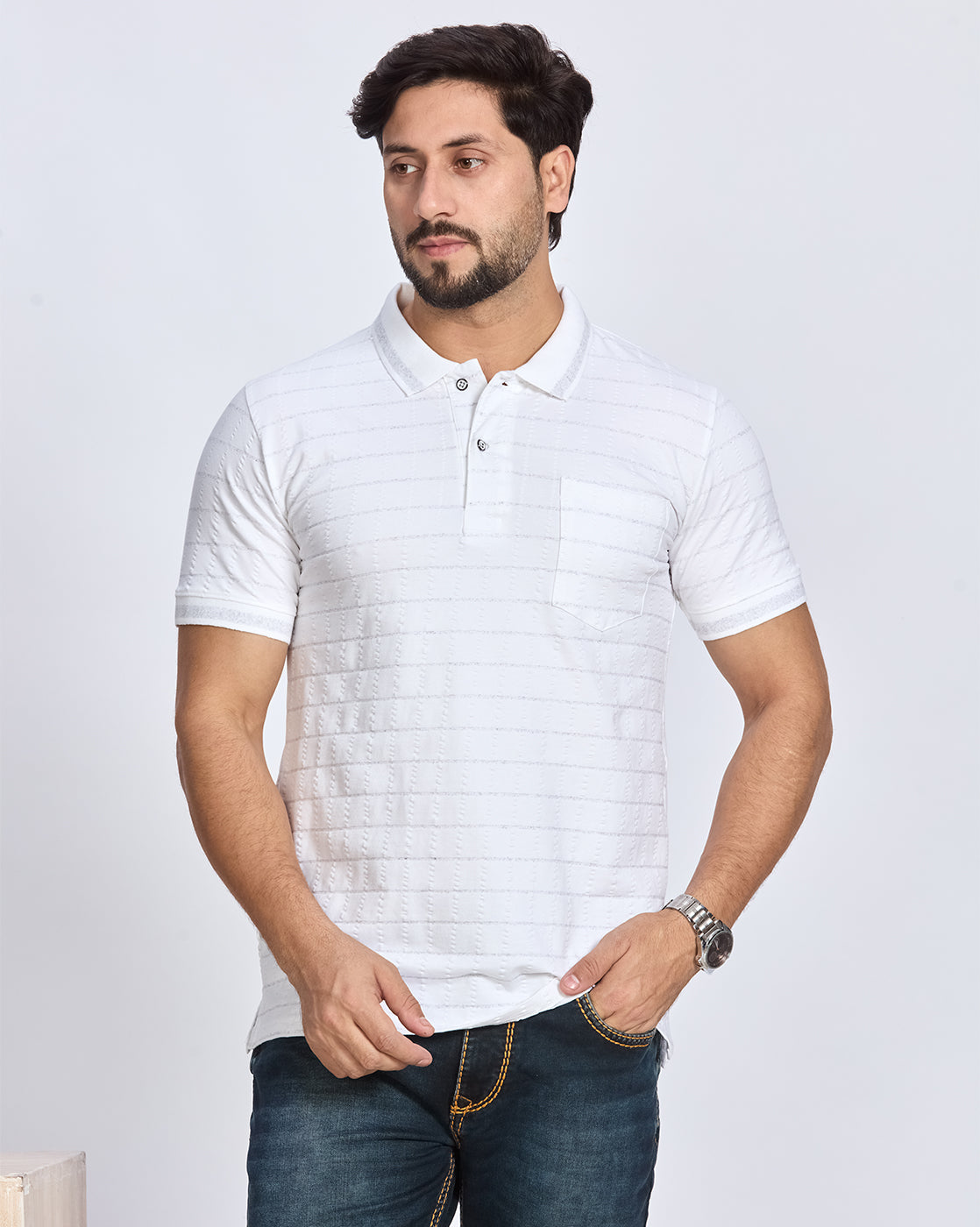 White Textured Striped Polo T-Shirt
