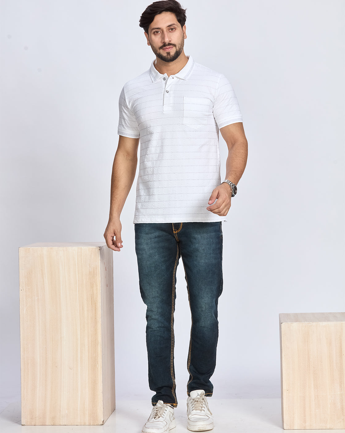 White Textured Striped Polo T-Shirt