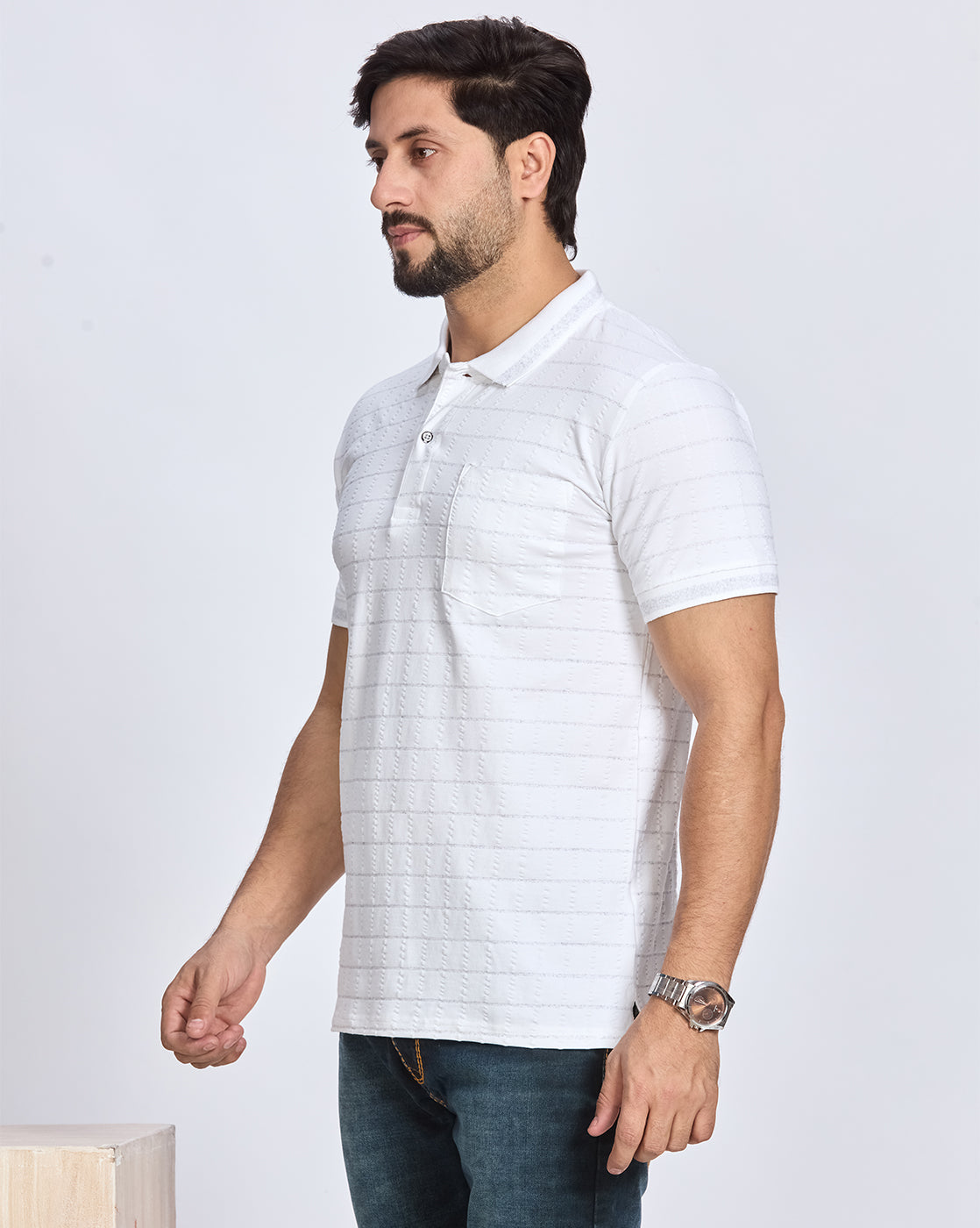 White Textured Striped Polo T-Shirt