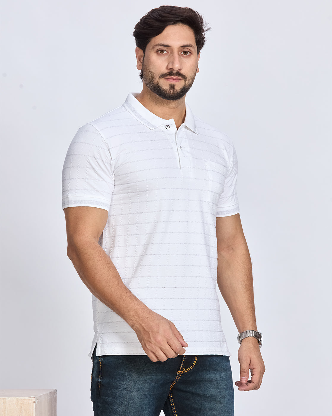 White Textured Striped Polo T-Shirt