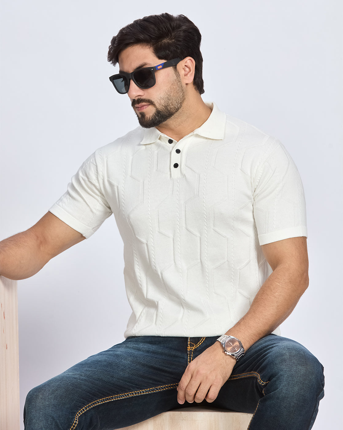 White Textured Striped Polo T-Shirt