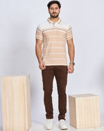 Beige and White Striped Polo Neck T-Shirt