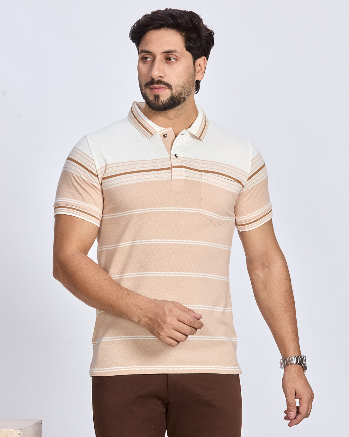 Beige and White Striped Polo Neck T-Shirt