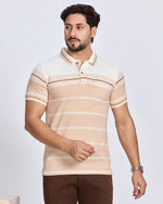 Beige and White Striped Polo Neck T-Shirt