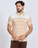 Beige and White Striped Polo Neck T-Shirt