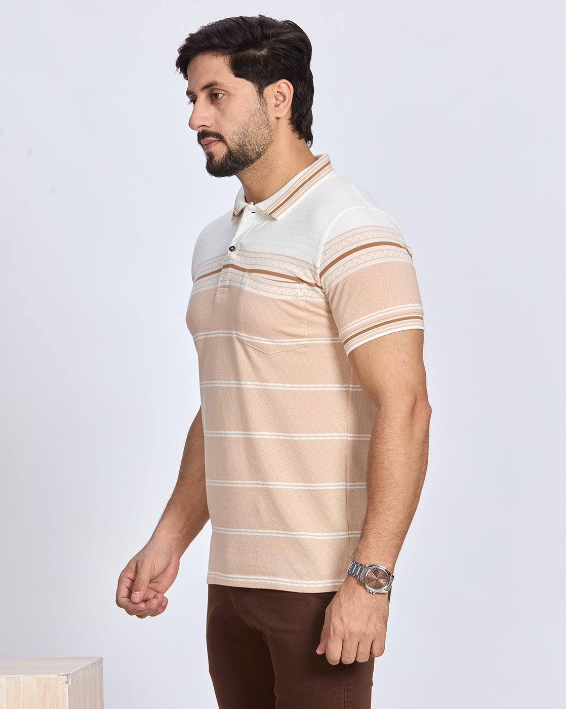 Beige and White Striped Polo Neck T-Shirt