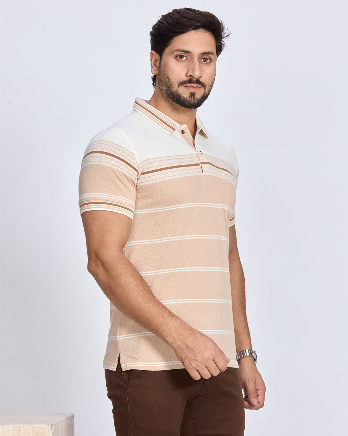 Beige and White Striped Polo Neck T-Shirt
