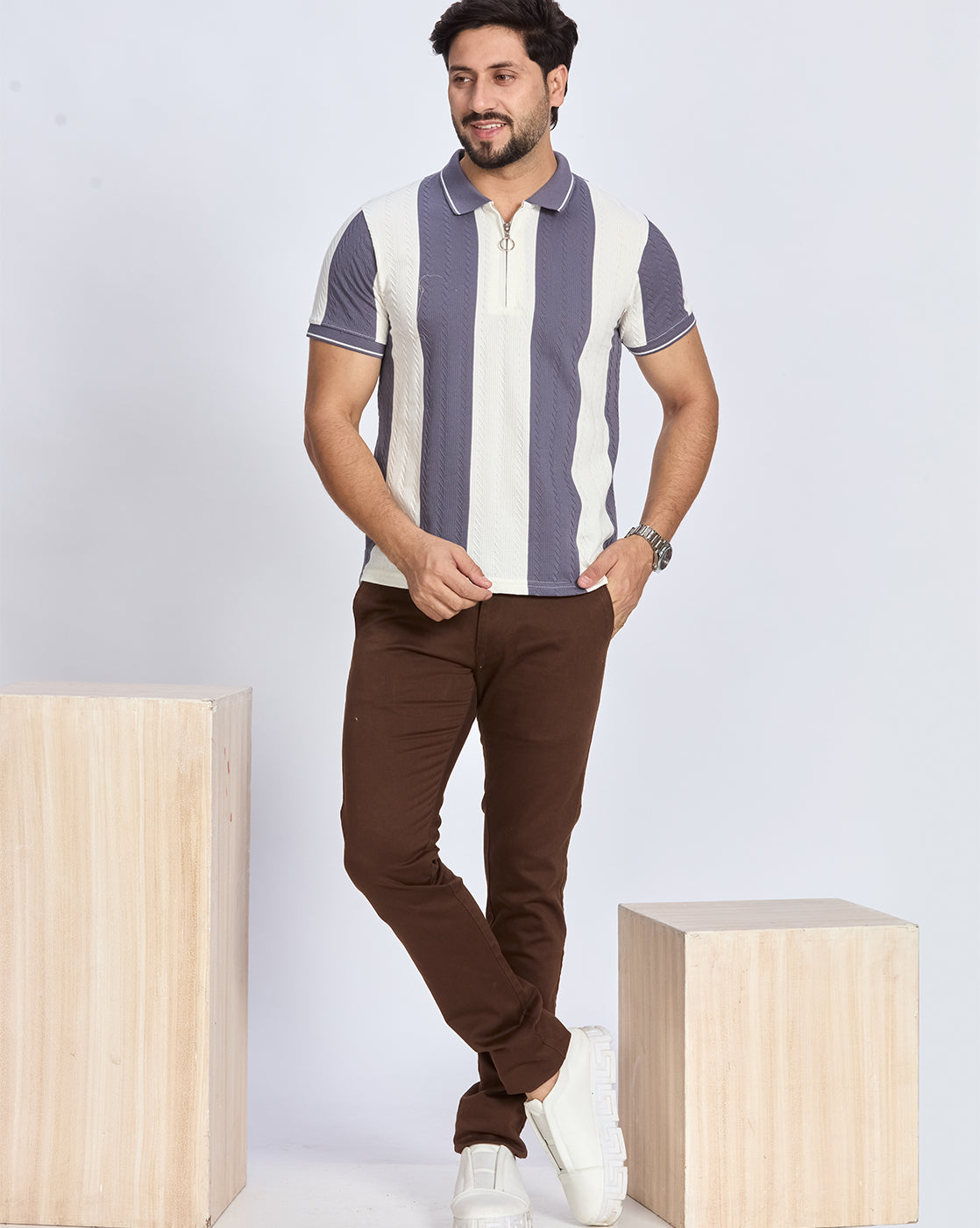 Grey & White Vertical Striped Polo T-Shirt