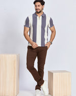 Grey & White Vertical Striped Polo T-Shirt