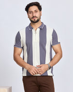 Grey & White Vertical Striped Polo T-Shirt