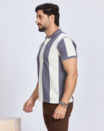 Grey & White Vertical Striped Polo T-Shirt