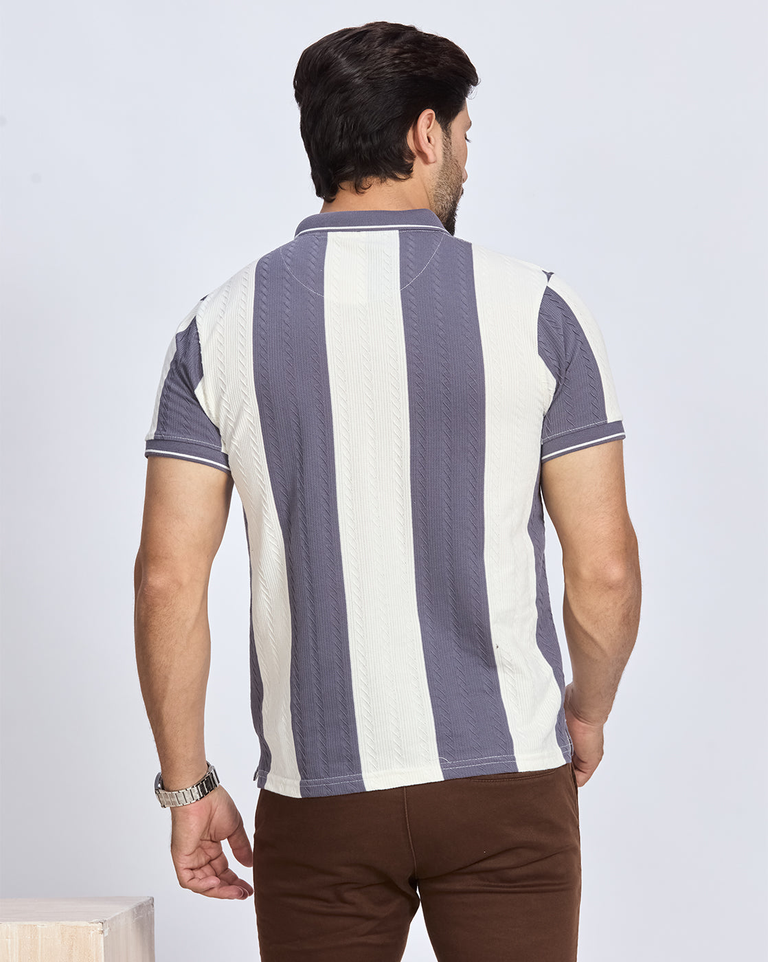 Grey & White Vertical Striped Polo T-Shirt