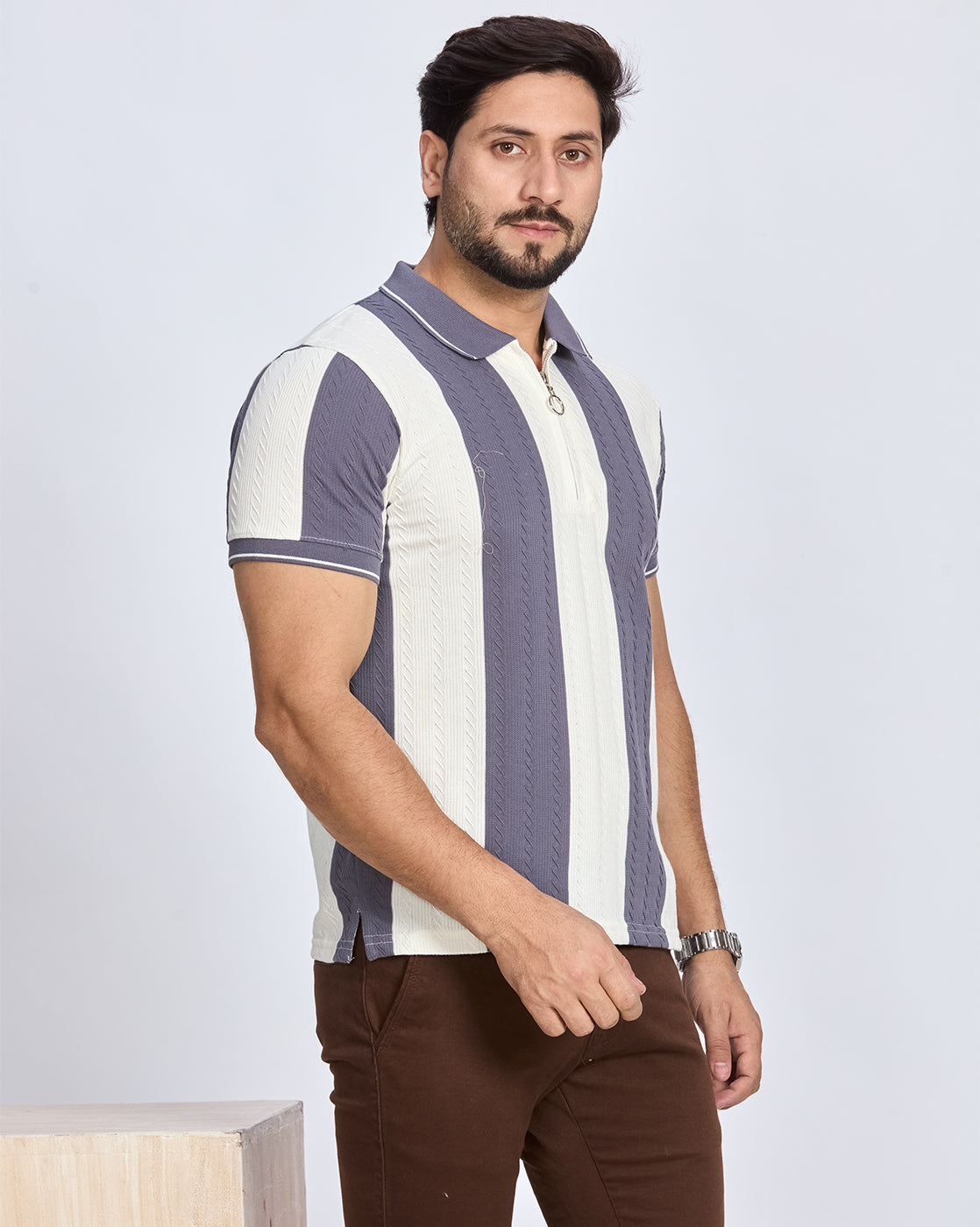 Grey & White Vertical Striped Polo T-Shirt