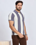 Grey & White Vertical Striped Polo T-Shirt