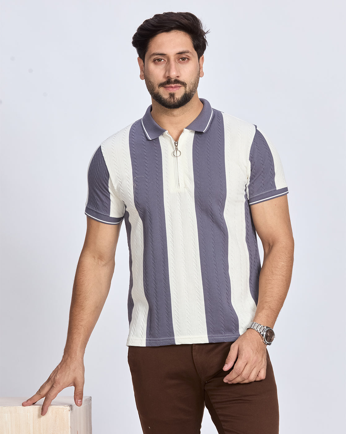 Grey & White Vertical Striped Polo T-Shirt