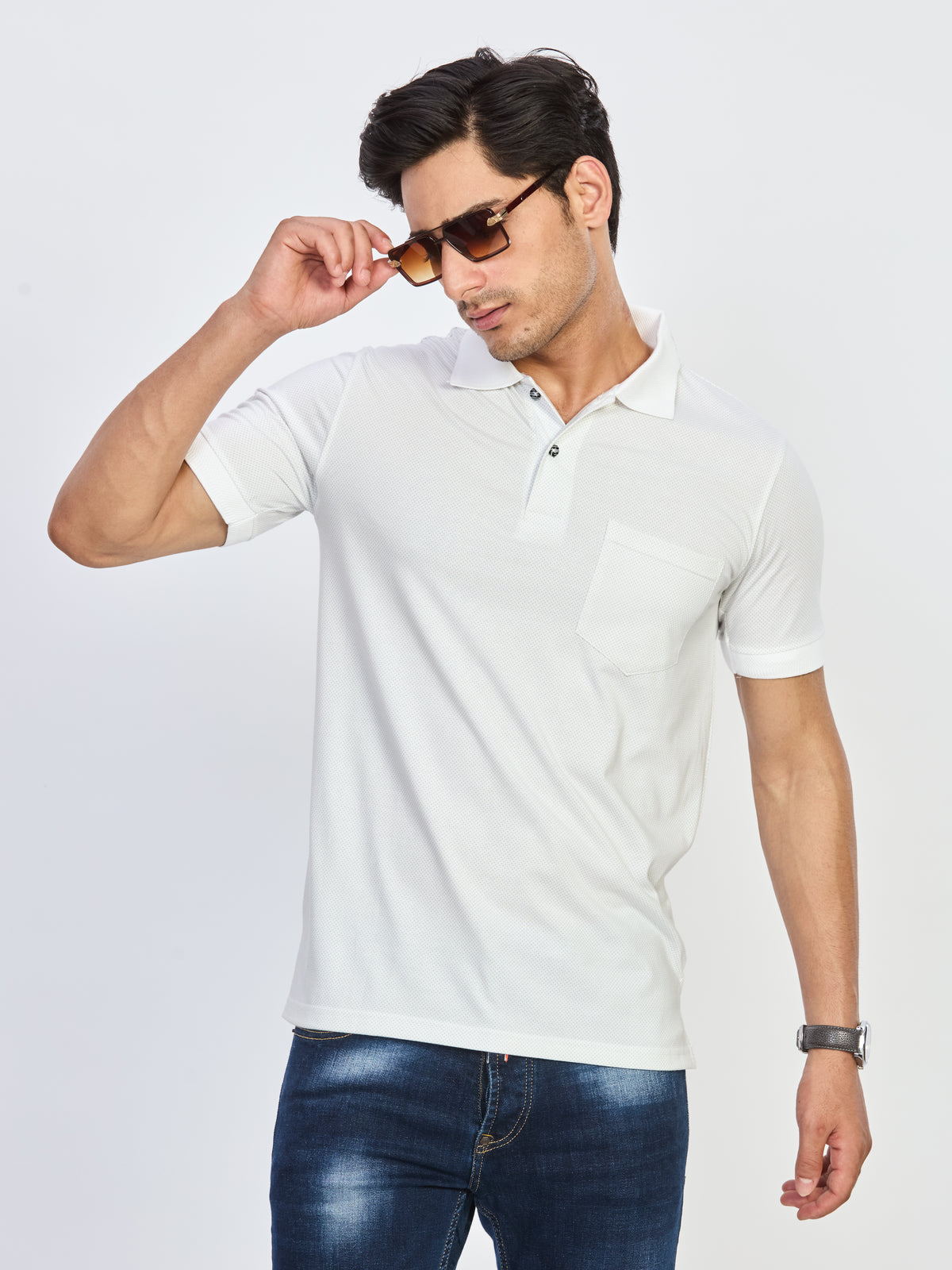 White Textured Cotton Polo T-Shirt