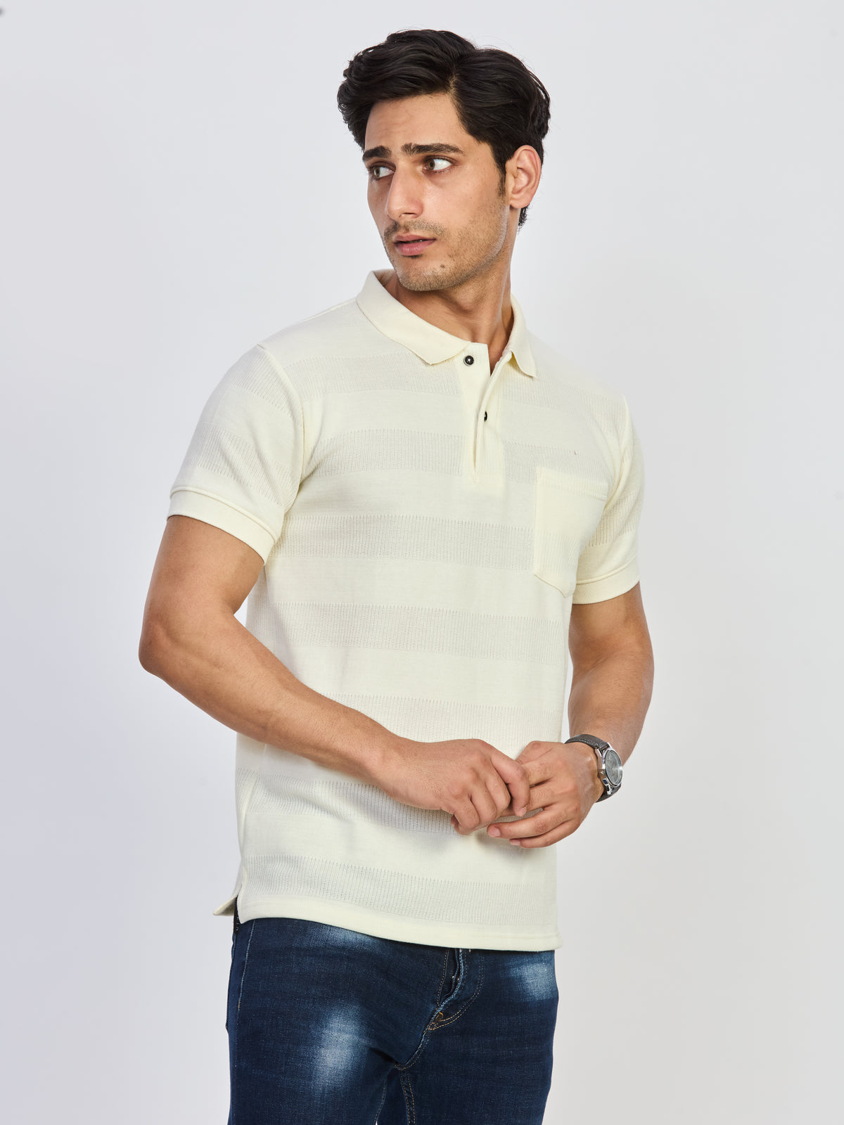 Off White Textured Stripe Polo