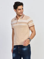 Beige Striped Cotton Polo T-Shirt