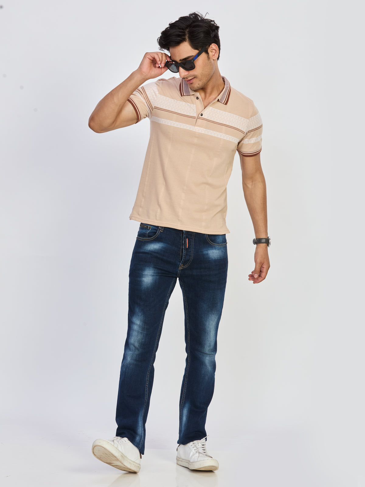 Beige Striped Cotton Polo T-Shirt
