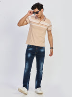 Beige Striped Cotton Polo T-Shirt