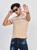 Beige Striped Cotton Polo T-Shirt