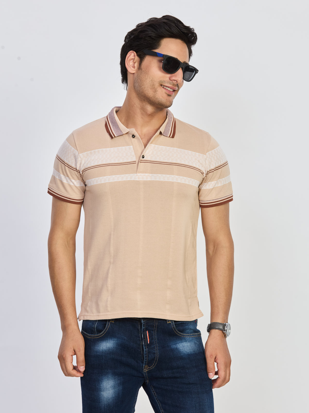 Beige Striped Cotton Polo T-Shirt