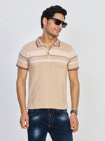 Beige Striped Cotton Polo T-Shirt