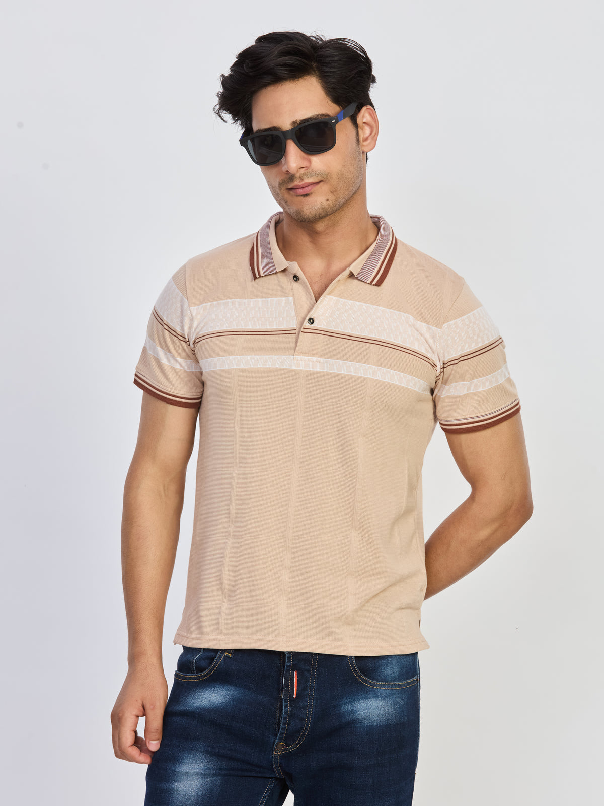 Beige Striped Cotton Polo T-Shirt
