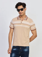 Beige Striped Cotton Polo T-Shirt