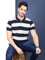 Navy Striped Polo Neck T-Shirt