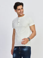 White Textured Henley Neck Cotton T-Shirt