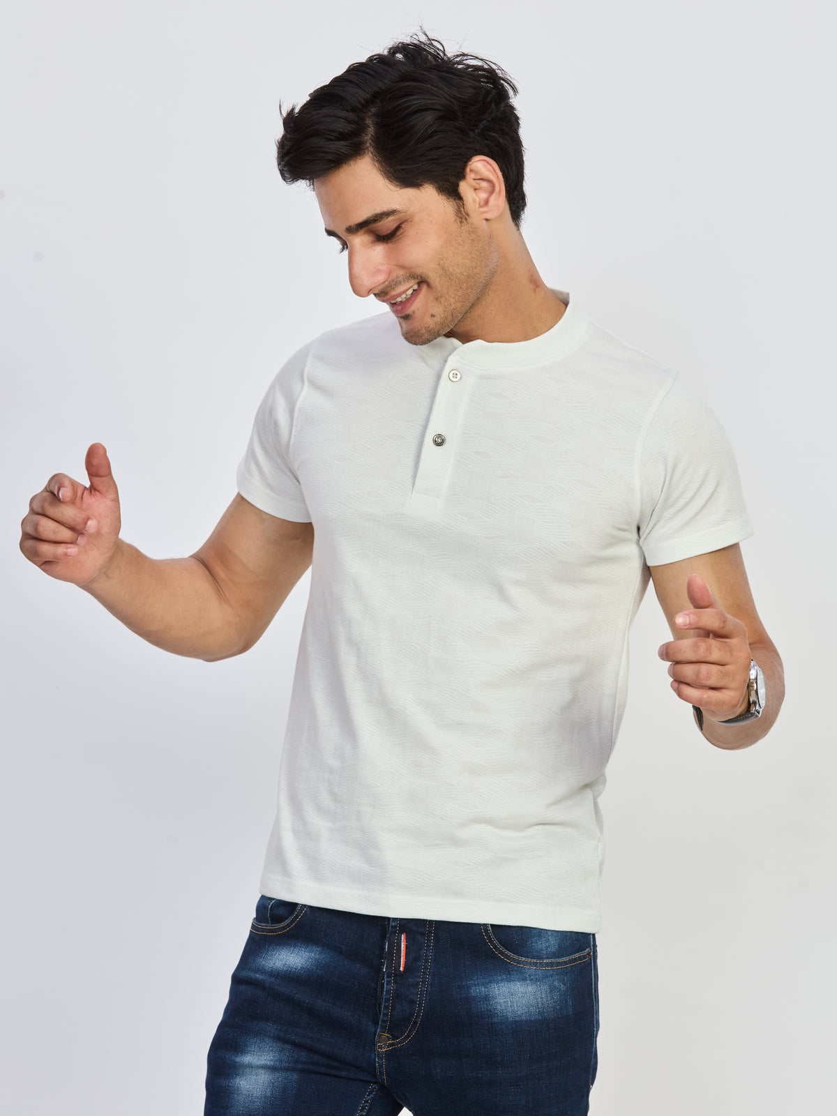 White Textured Henley Neck Cotton T-Shirt