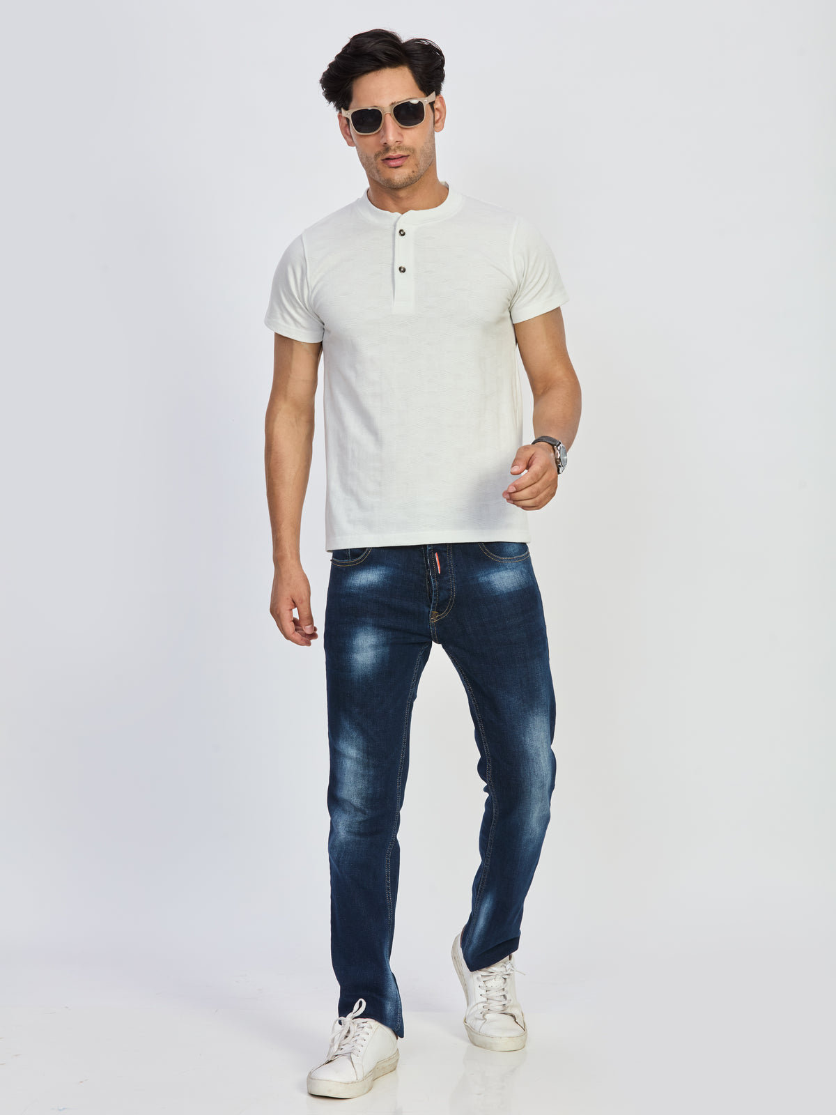 White Textured Henley Neck Cotton T-Shirt