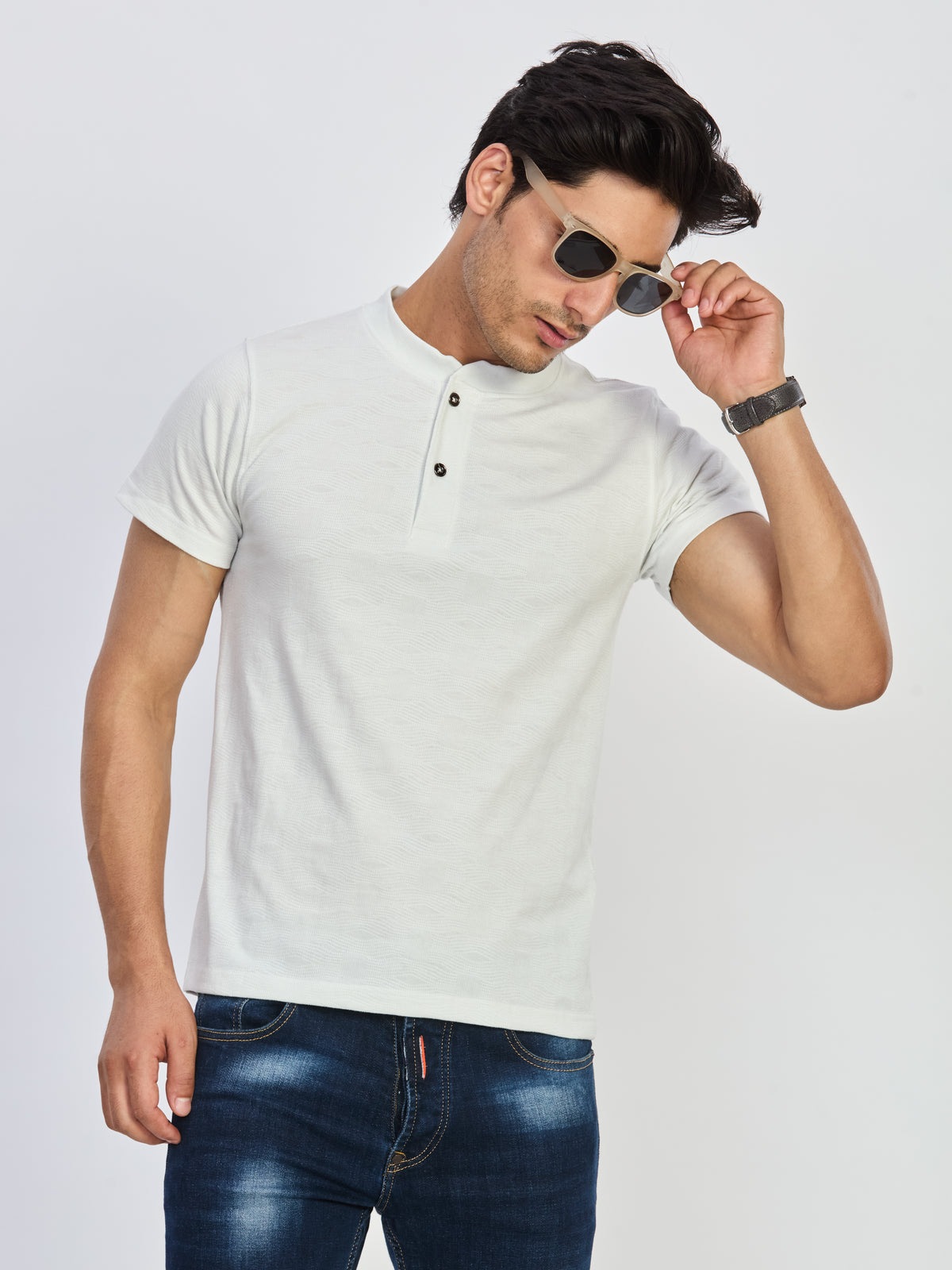 White Textured Henley Neck Cotton T-Shirt