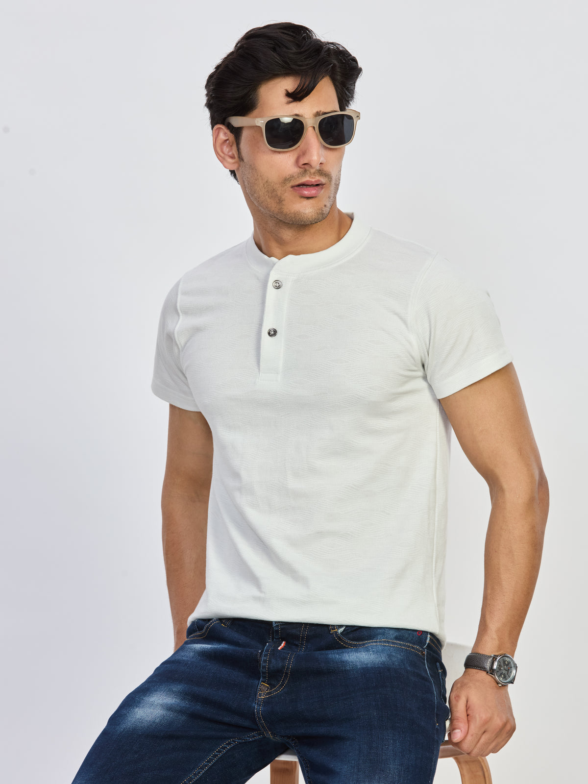 White Textured Henley Neck Cotton T-Shirt