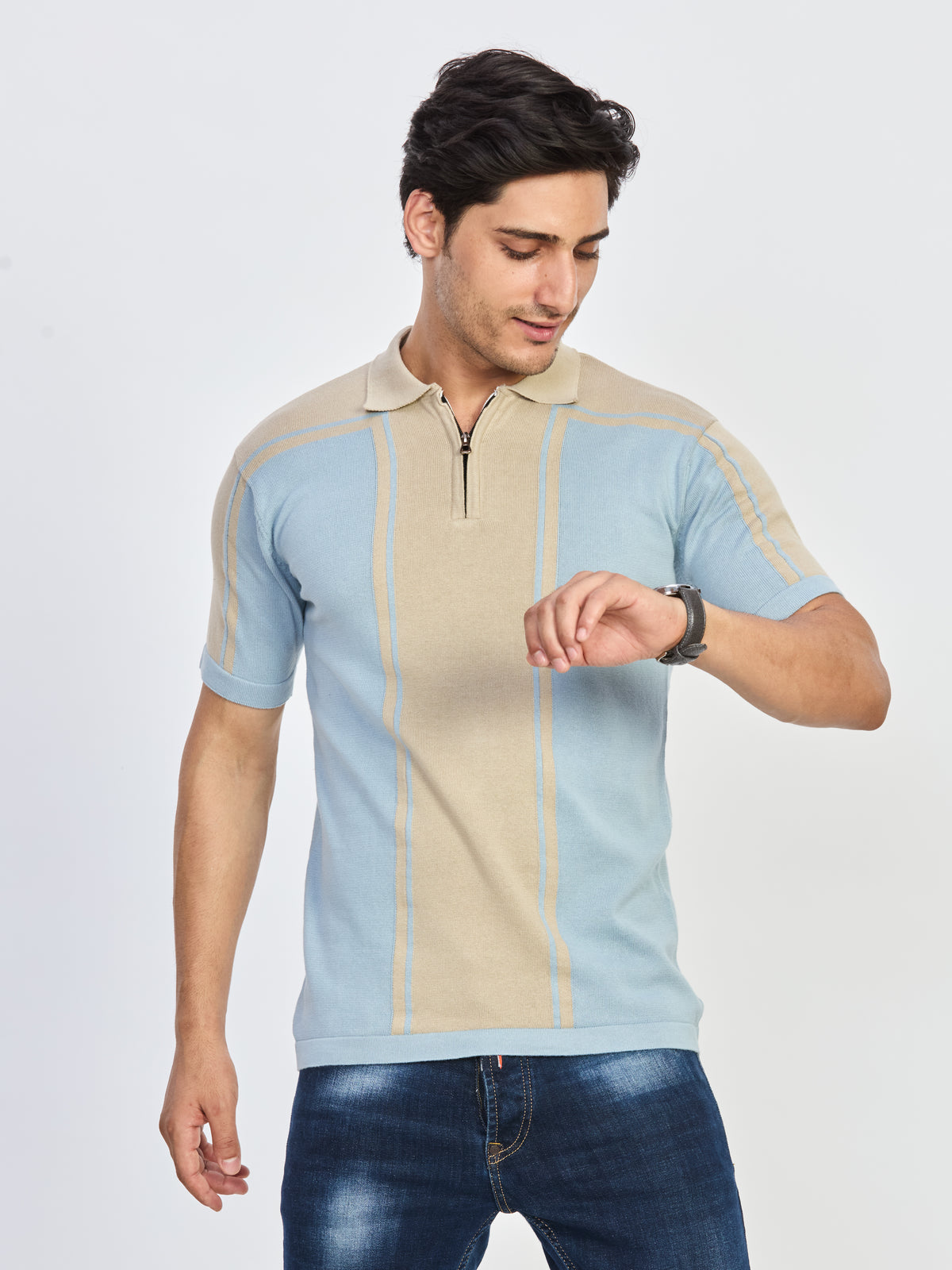 Blue Beige Textured Half Zip Polo T-Shirt