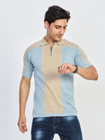 Blue Beige Textured Half Zip Polo T-Shirt