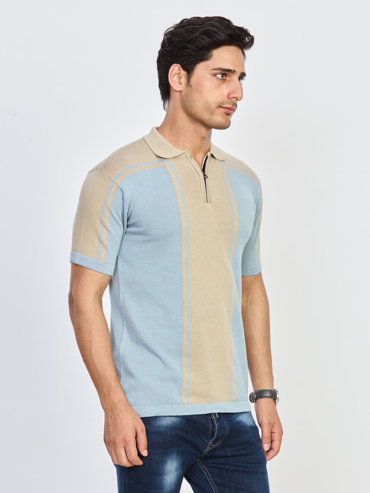Blue Beige Textured Half Zip Polo T-Shirt