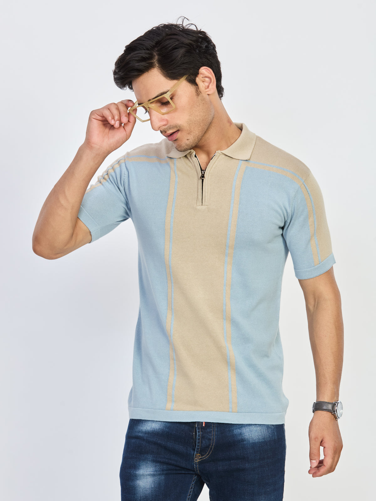 Blue Beige Textured Half Zip Polo T-Shirt