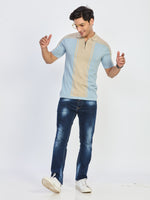 Blue Beige Textured Half Zip Polo T-Shirt