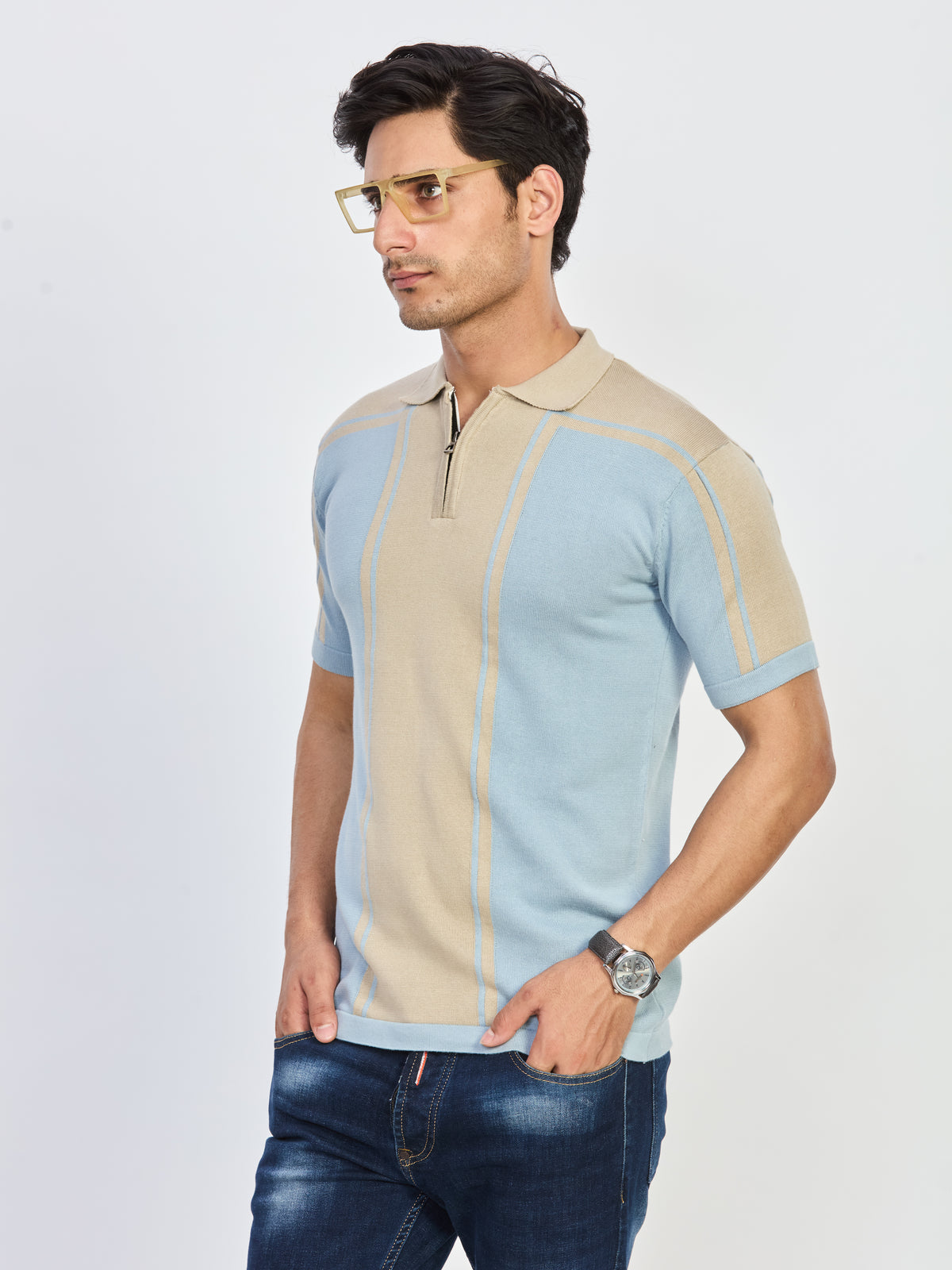 Blue Beige Textured Half Zip Polo T-Shirt