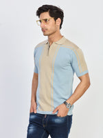 Blue Beige Textured Half Zip Polo T-Shirt