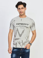 Grey Printed Round Neck Half Sleeve T-Shirt