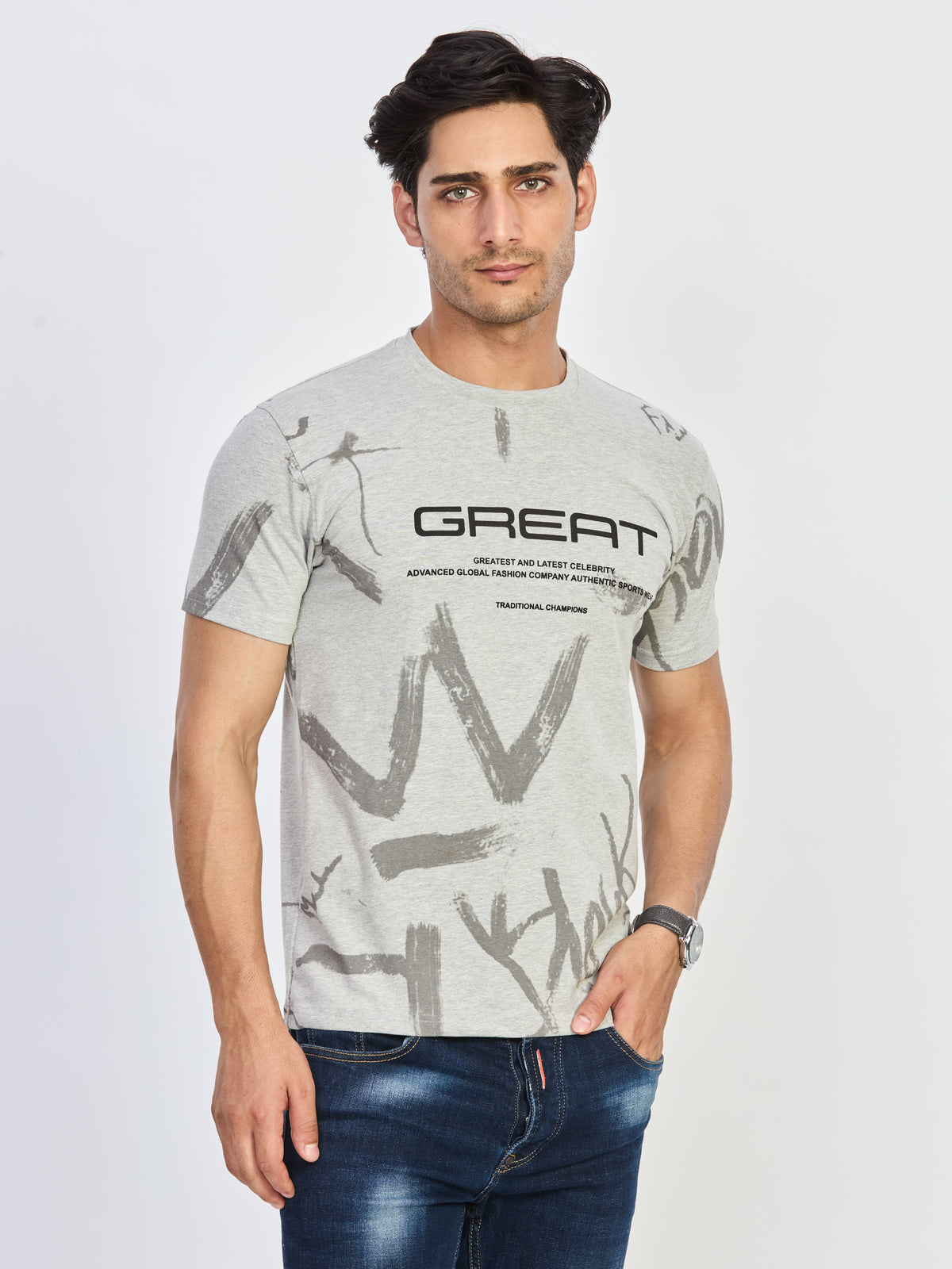Grey Printed Round Neck Half Sleeve T-Shirt
