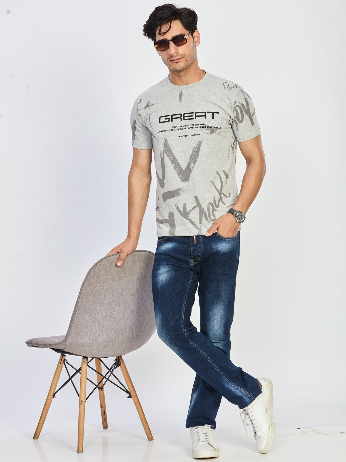 Grey Printed Round Neck Half Sleeve T-Shirt