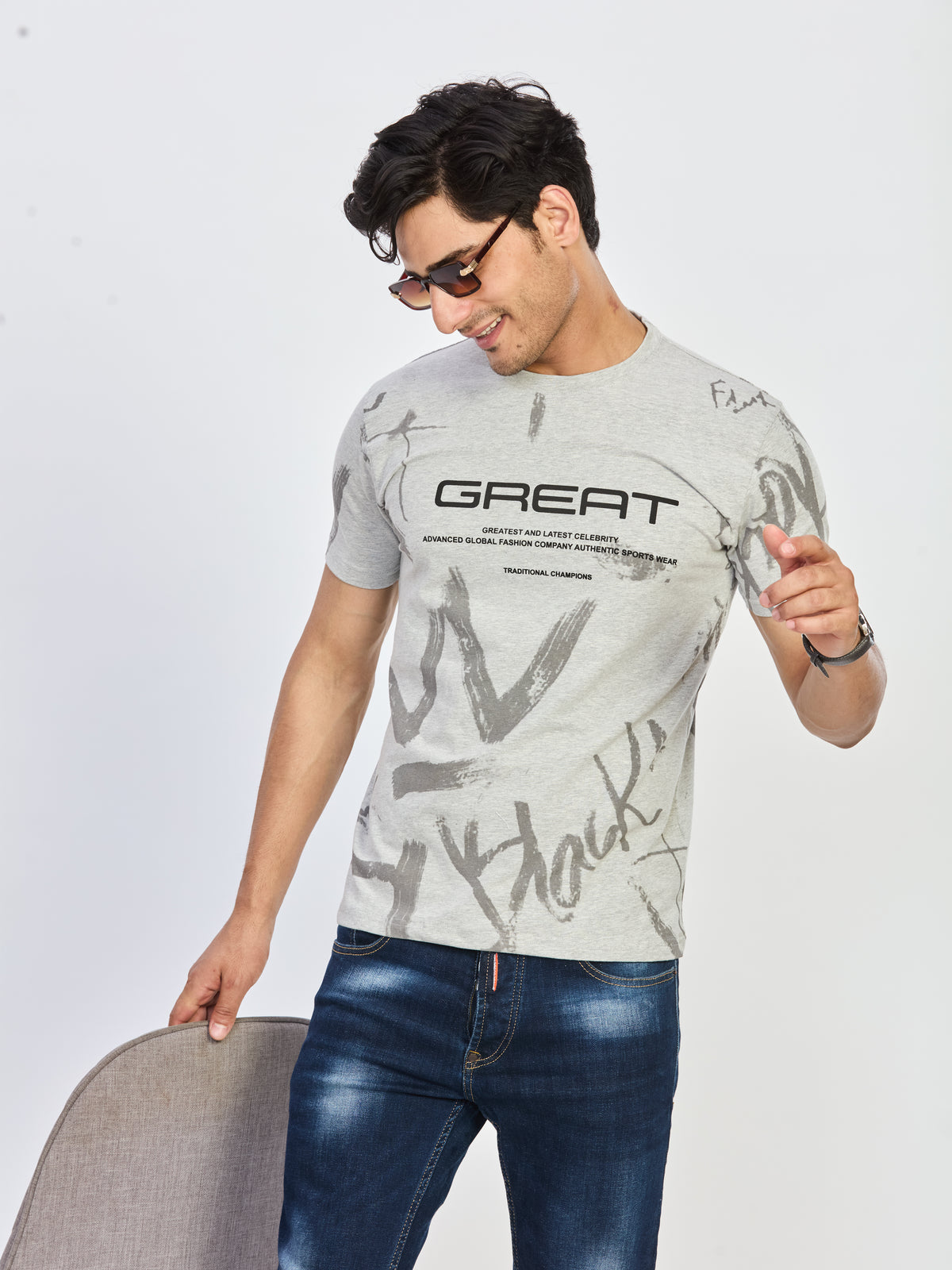 Grey Printed Round Neck Half Sleeve T-Shirt