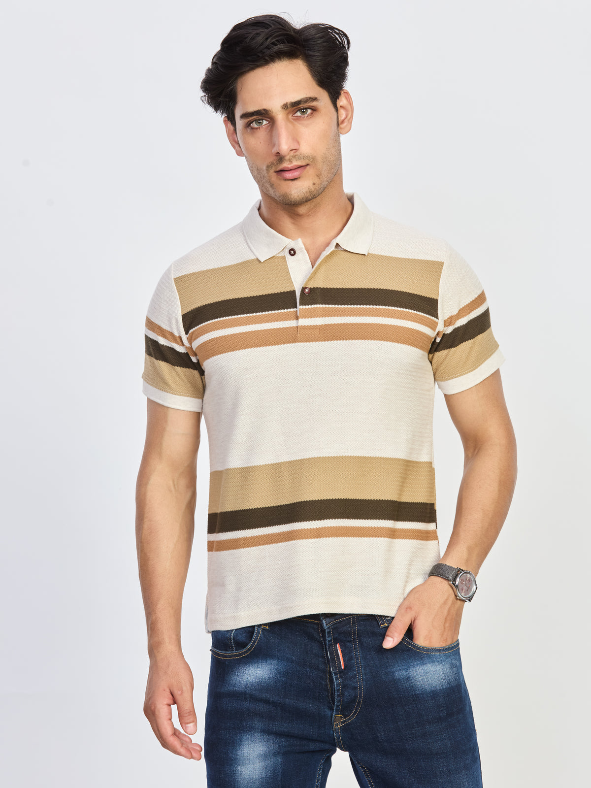 Beige & Brown Striped Polo T-Shirt